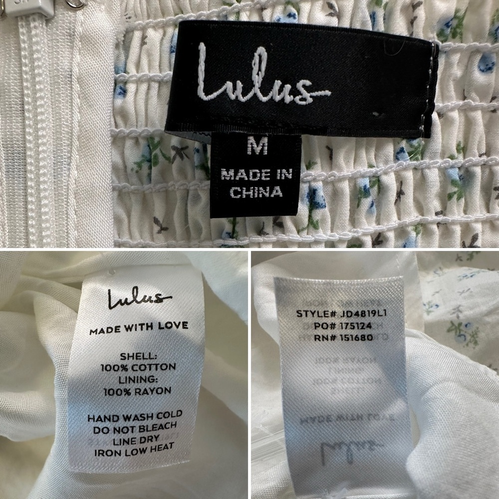 Lulus White Blue Floral Puff Sleeve Tie Front Babydoll Mini Dress Size M - Picture 9 of 13